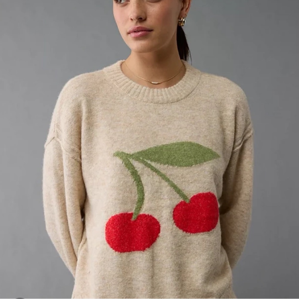 American Eagle Outfitters Beige Crewneck Sweater with Red Cherry Graphic